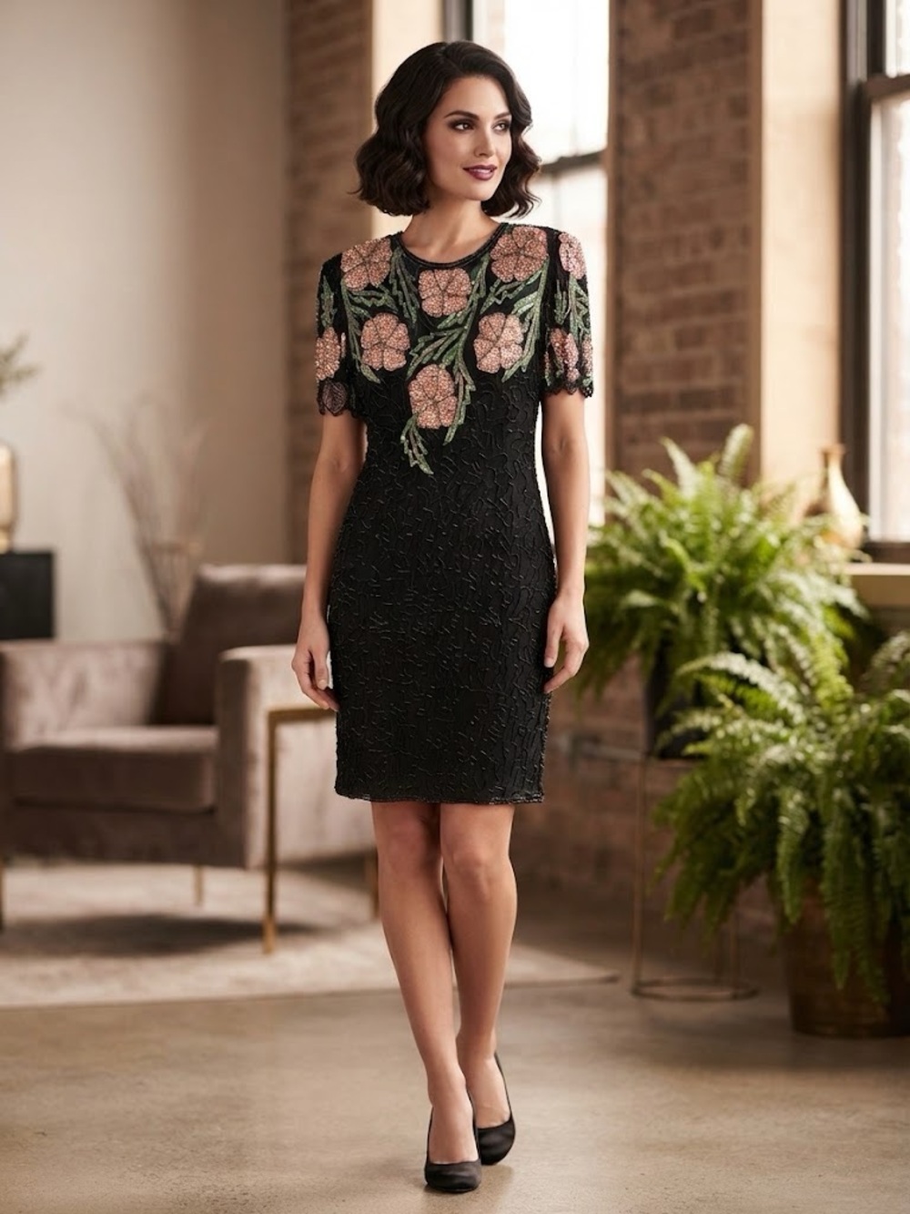 Vintage Scala Black Beaded Sheer lined Cocktail Dress with Pink and Green Floral